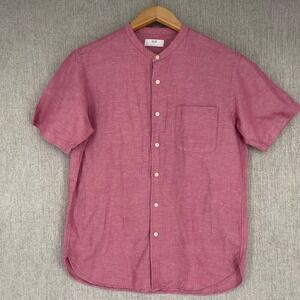 Uniqlo Button Up Shirt Mens Large Pink Linen Blend Band Collar Short Sleeve